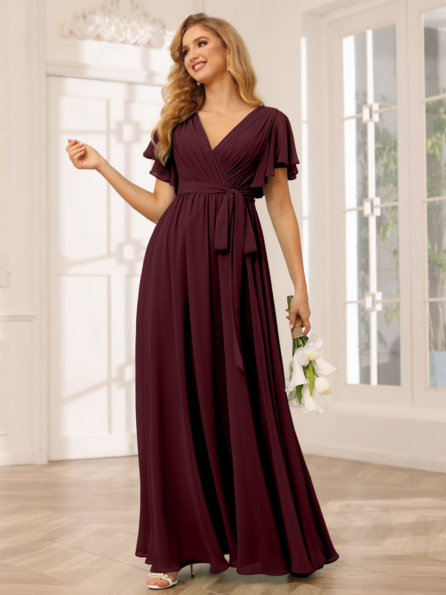 A-Line/Princess V-Neck Short Sleeves Long Bridesmaid Dresses with Sash Burgundy