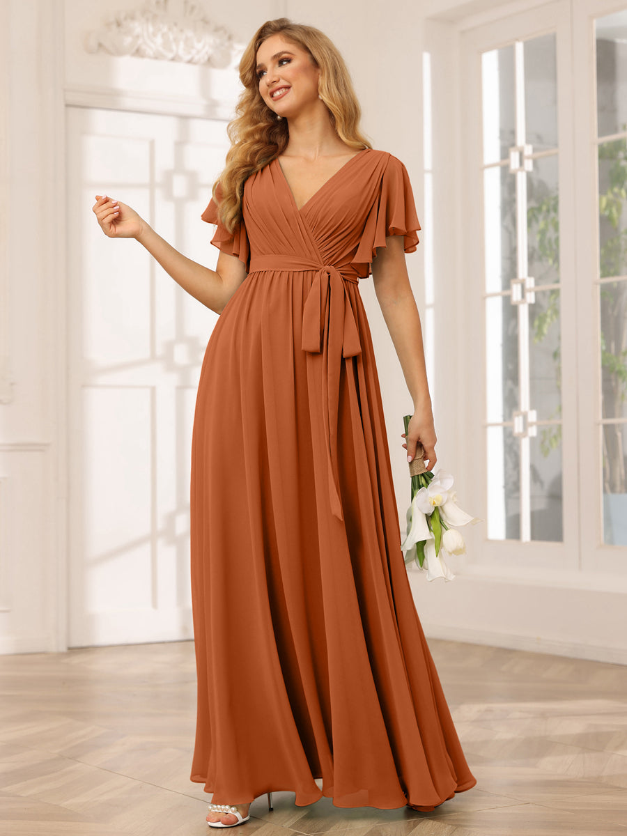 A-Line/Princess V-Neck Short Sleeves Long Bridesmaid Dresses with Sash Burnt Orange