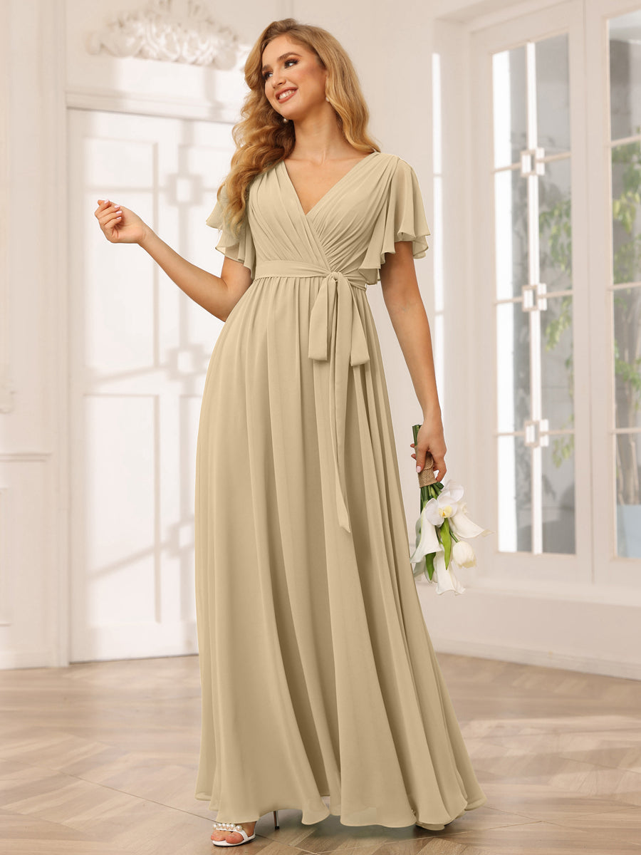A-Line/Princess V-Neck Short Sleeves Long Bridesmaid Dresses with Sash Champagne