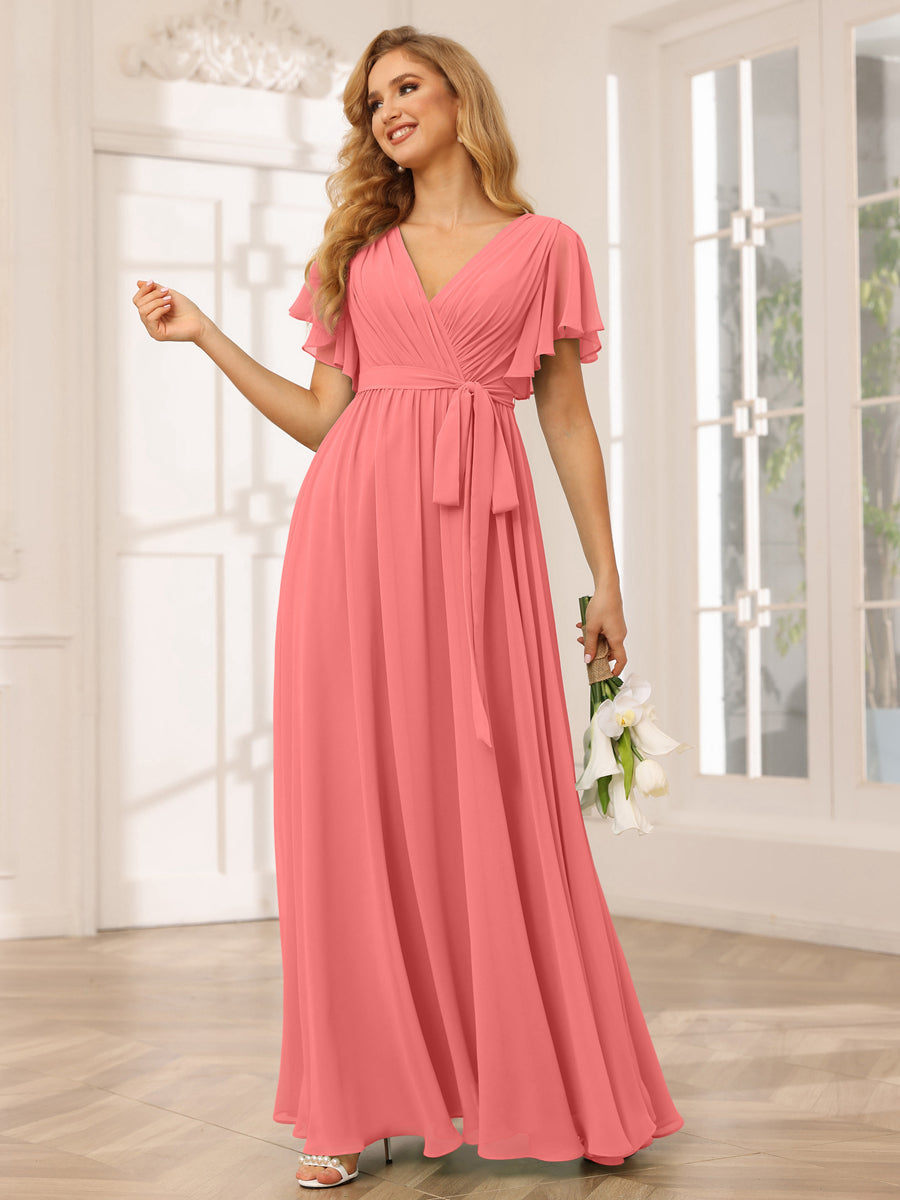 A-Line/Princess V-Neck Short Sleeves Long Bridesmaid Dresses with Sash Coral