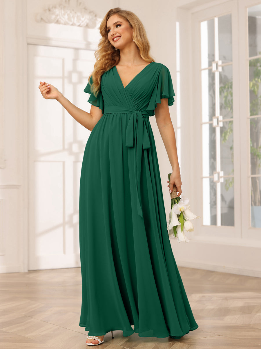 A-Line/Princess V-Neck Short Sleeves Long Bridesmaid Dresses with Sash Dark Green