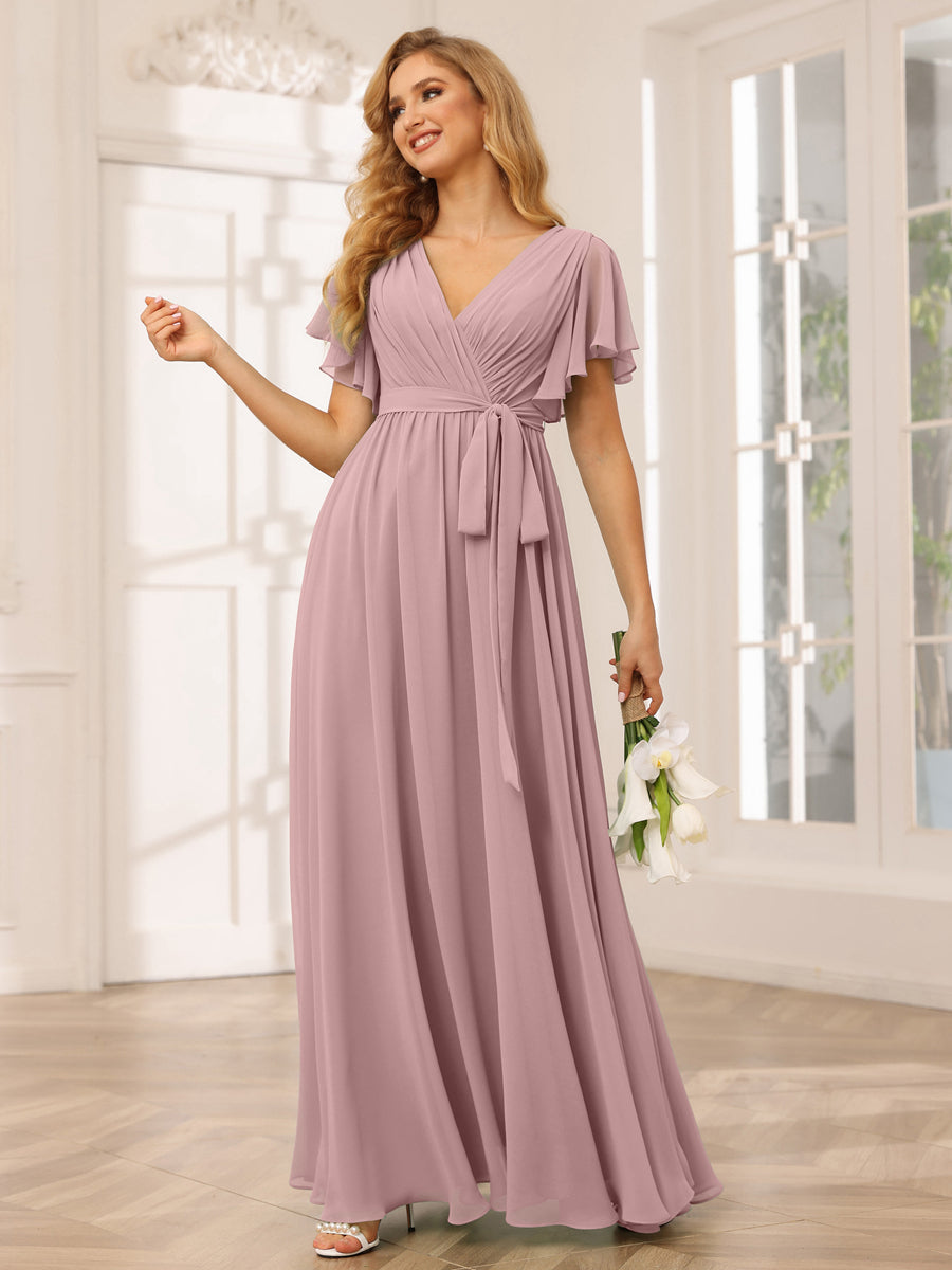 A-Line/Princess V-Neck Short Sleeves Long Bridesmaid Dresses with Sash Dusty Pink