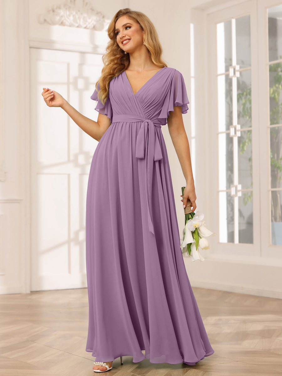 A-Line/Princess V-Neck Short Sleeves Long Bridesmaid Dresses with Sash Dusty Purple