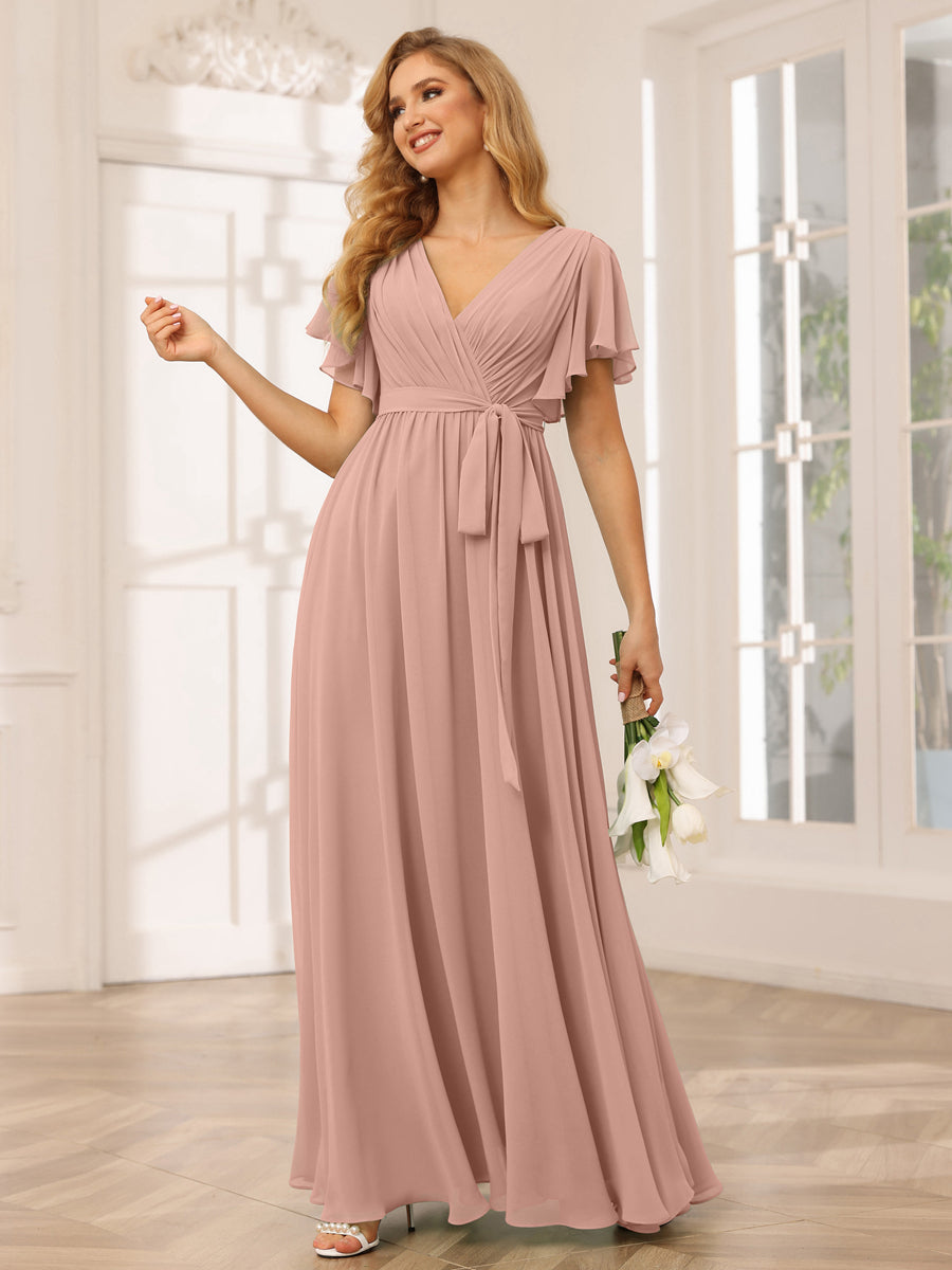 A-Line/Princess V-Neck Short Sleeves Long Bridesmaid Dresses with Sash Dusty Rose