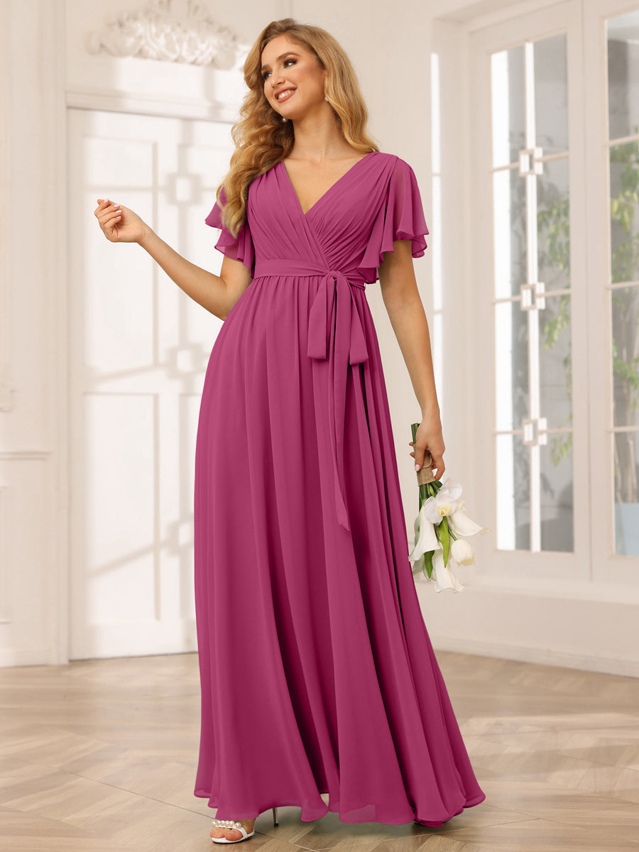 A-Line/Princess V-Neck Short Sleeves Long Bridesmaid Dresses with Sash Fuchsia