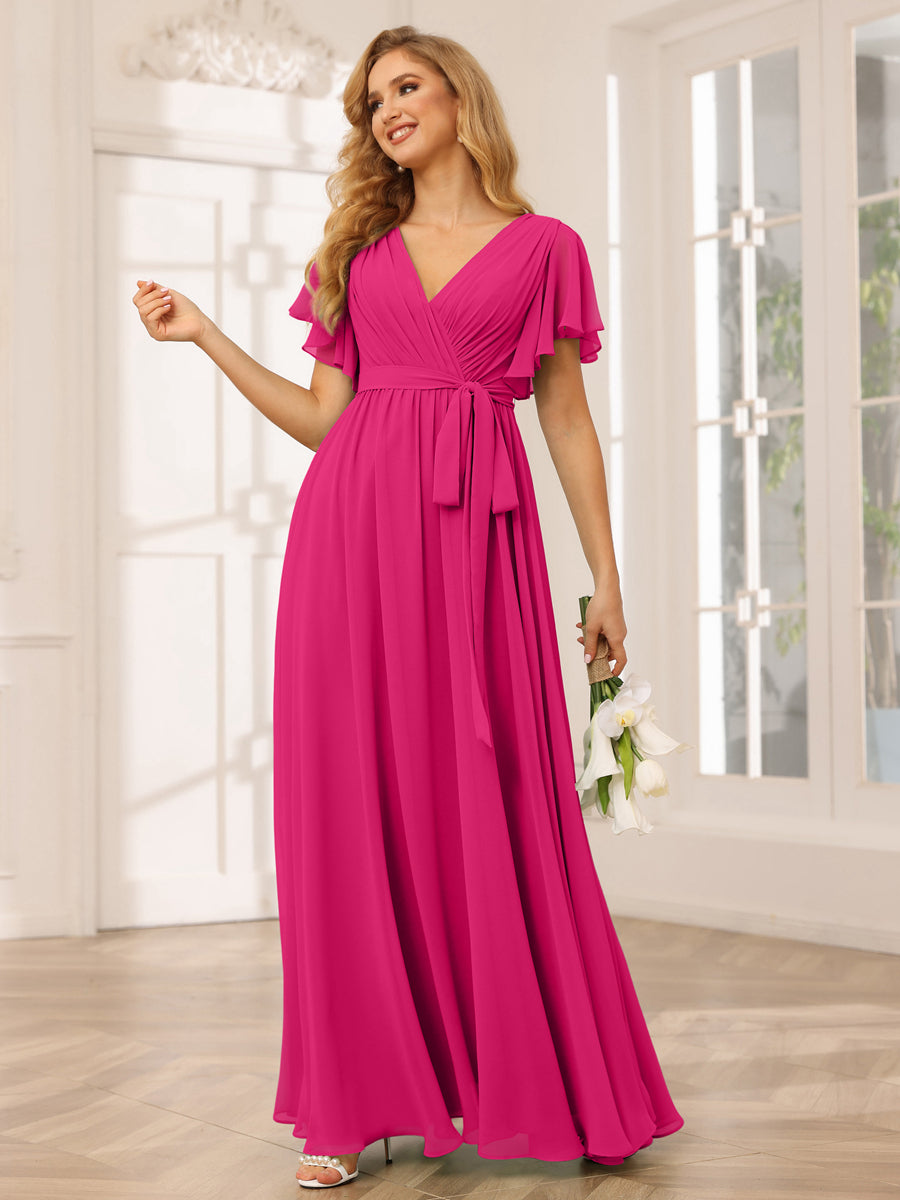 A-Line/Princess V-Neck Short Sleeves Long Bridesmaid Dresses with Sash Fuchsia Pink
