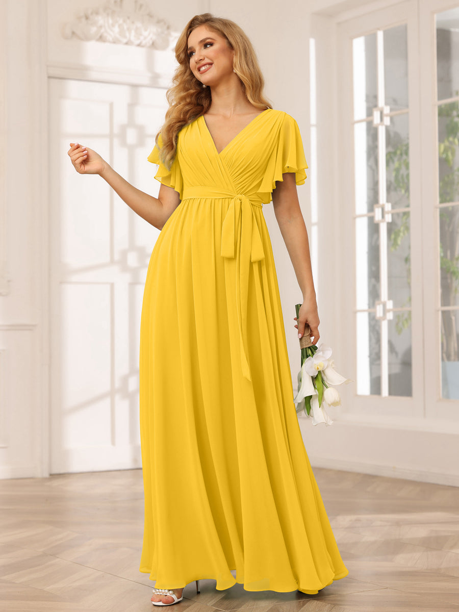 A-Line/Princess V-Neck Short Sleeves Long Bridesmaid Dresses with Sash Gold