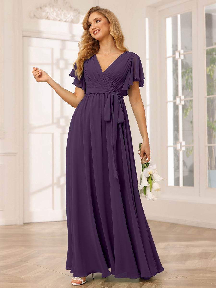 A-Line/Princess V-Neck Short Sleeves Long Bridesmaid Dresses with Sash Grape