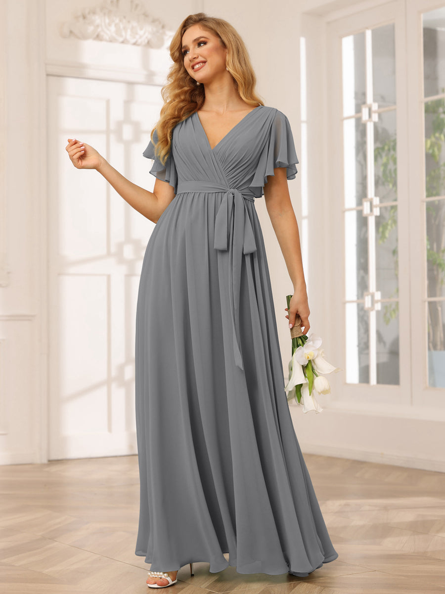 A-Line/Princess V-Neck Short Sleeves Long Bridesmaid Dresses with Sash Gray