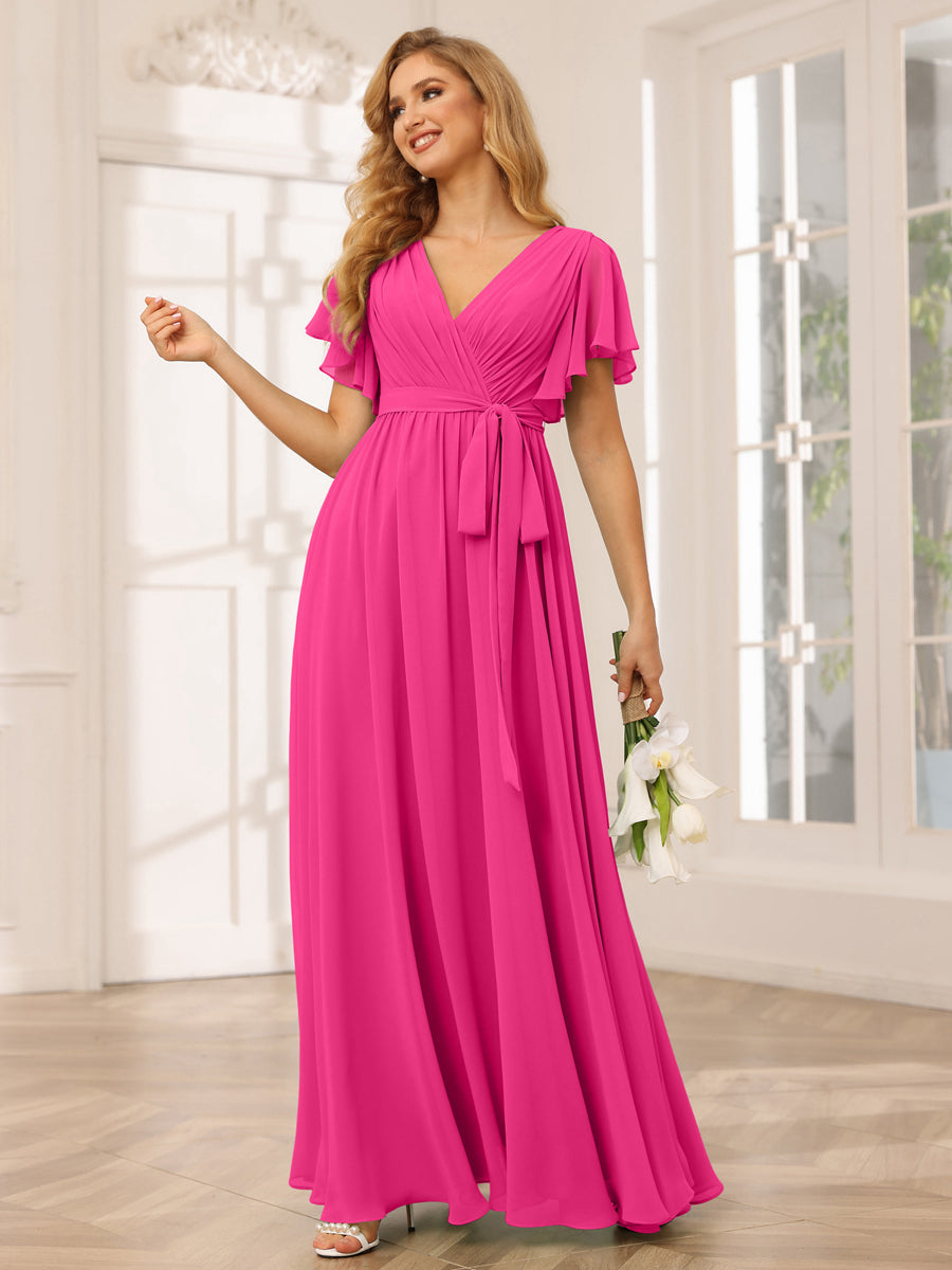 A-Line/Princess V-Neck Short Sleeves Long Bridesmaid Dresses with Sash Hot Pink