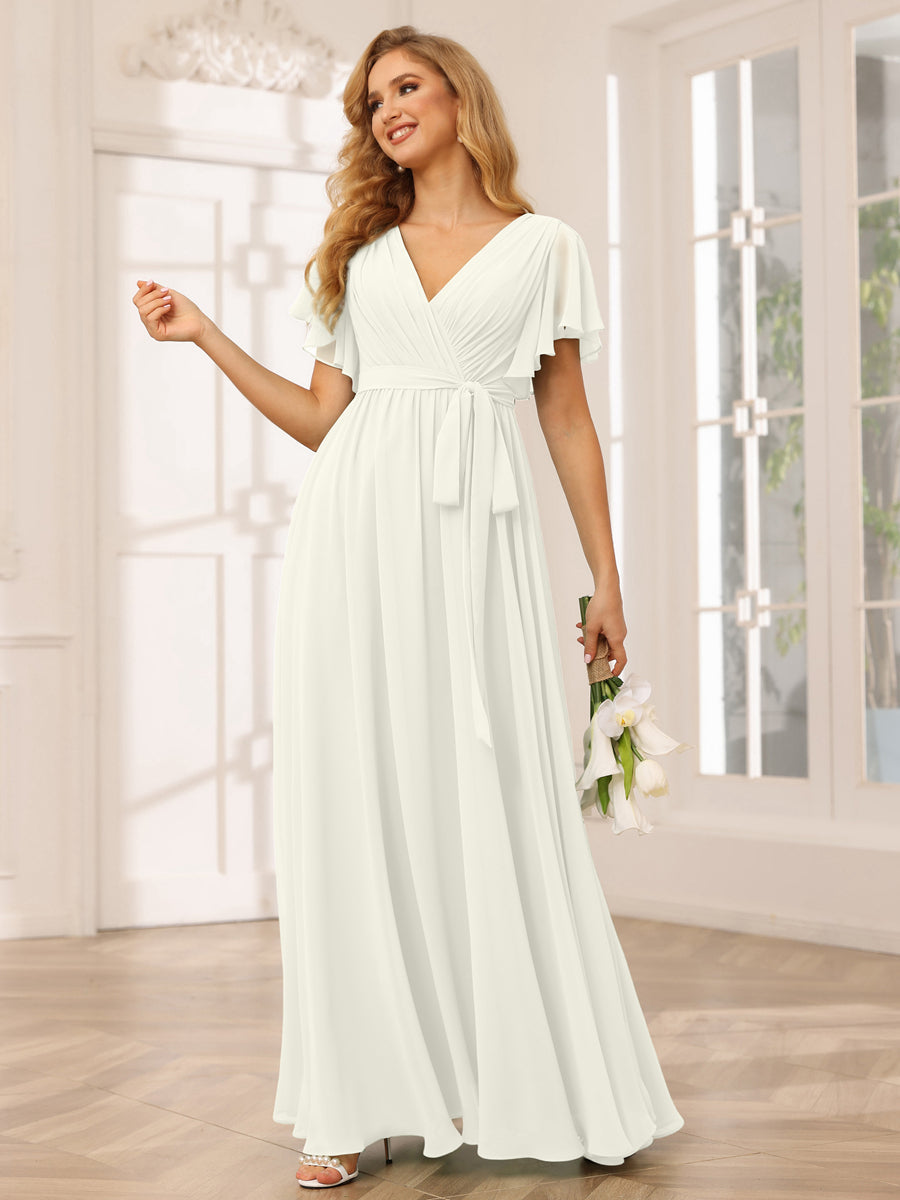 A-Line/Princess V-Neck Short Sleeves Long Bridesmaid Dresses with Sash Ivory