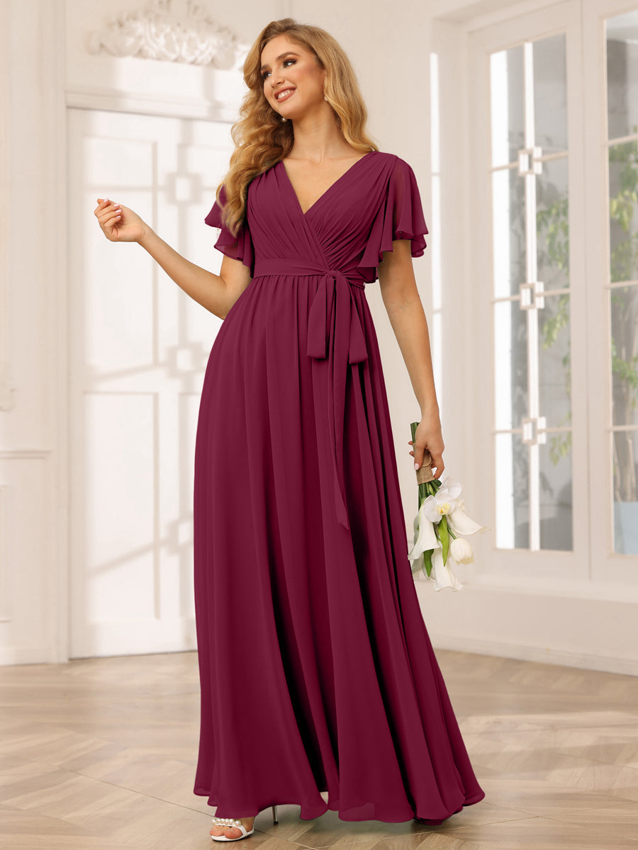 A-Line/Princess V-Neck Short Sleeves Long Bridesmaid Dresses with Sash Light Burgundy