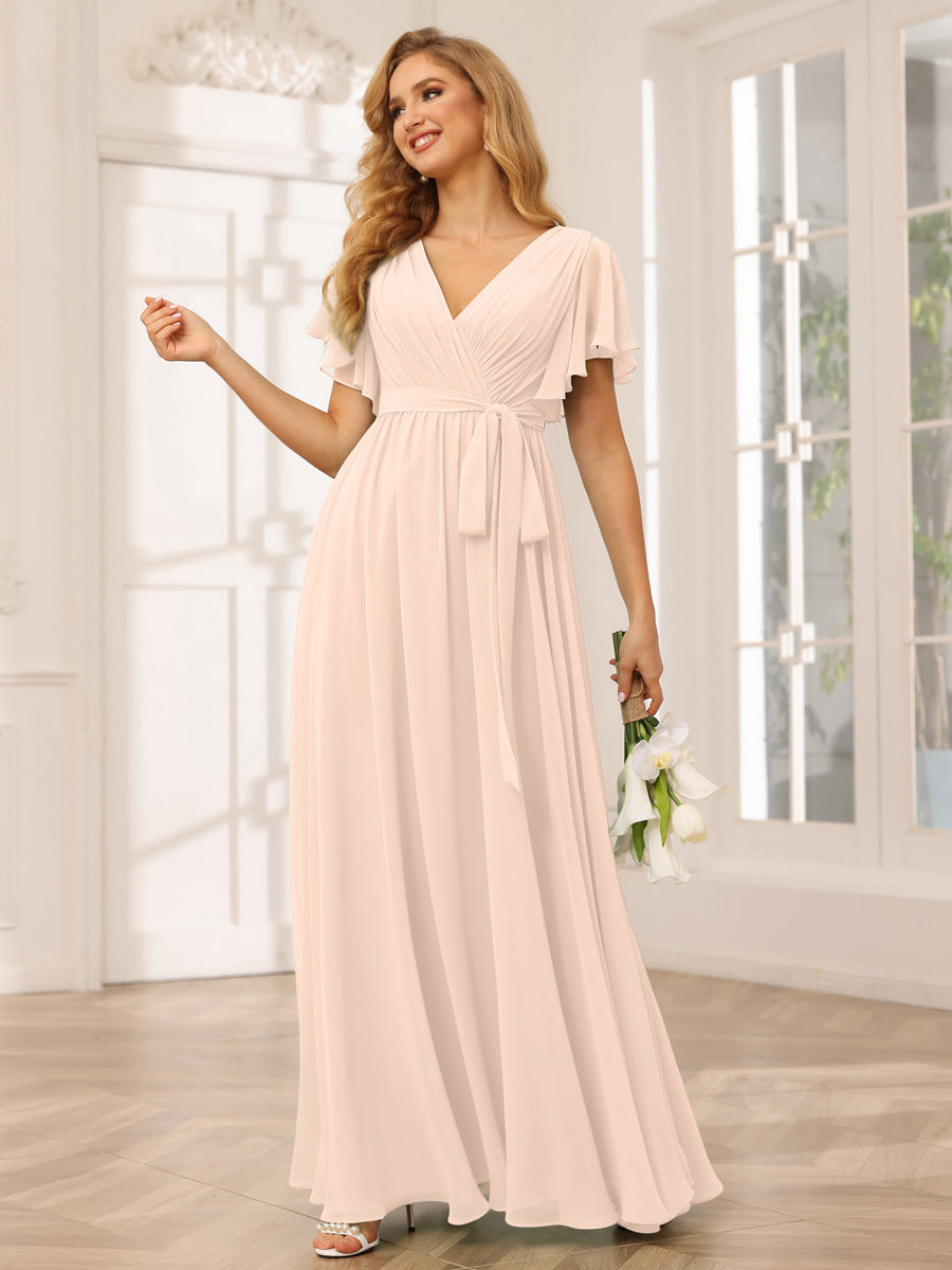 A-Line/Princess V-Neck Short Sleeves Long Bridesmaid Dresses with Sash Light Champagne