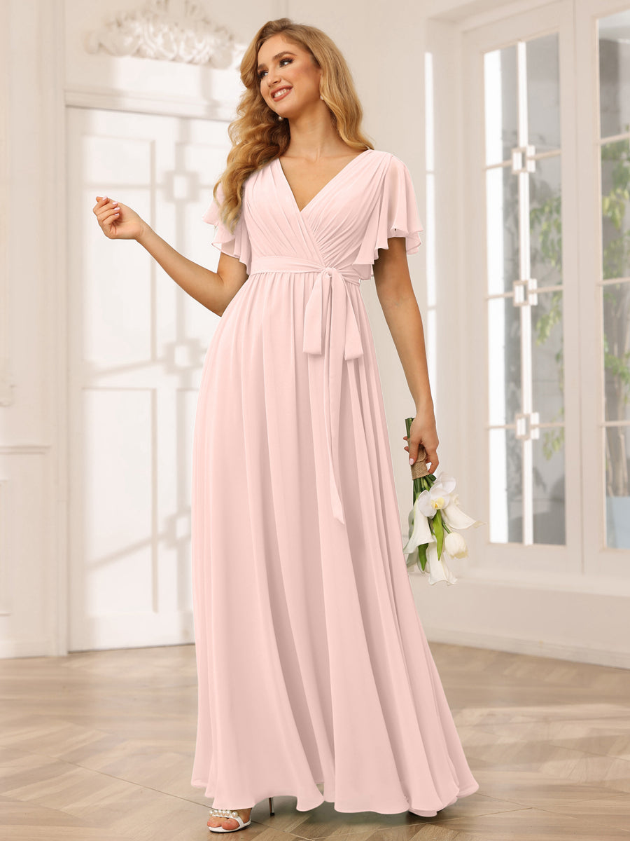 A-Line/Princess V-Neck Short Sleeves Long Bridesmaid Dresses with Sash Light Pink