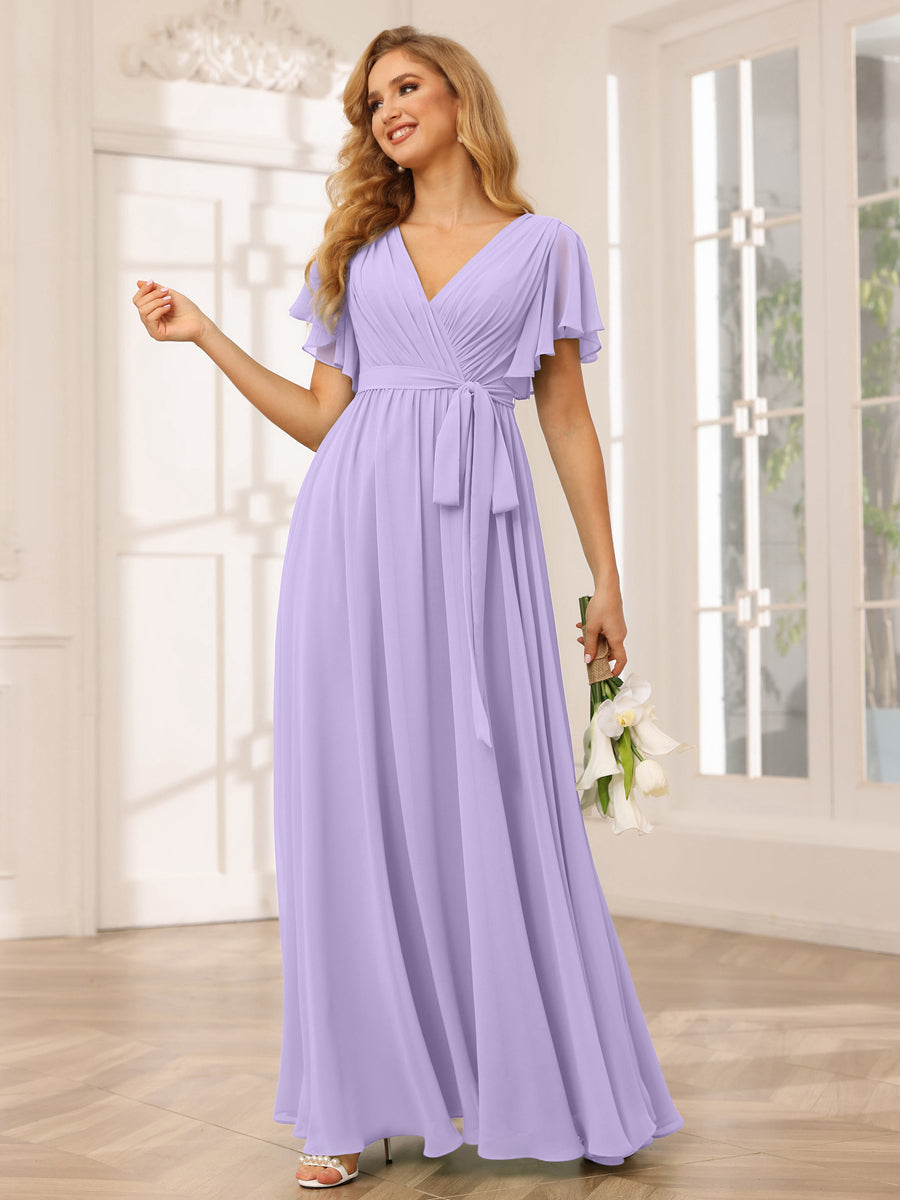 A-Line/Princess V-Neck Short Sleeves Long Bridesmaid Dresses with Sash Lilac