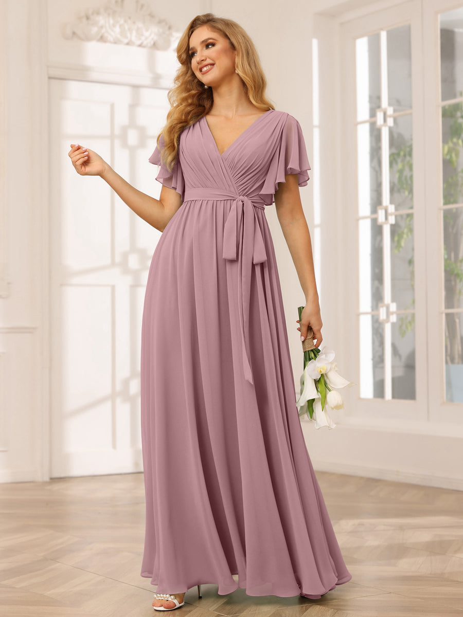 A-Line/Princess V-Neck Short Sleeves Long Bridesmaid Dresses with Sash Mauve