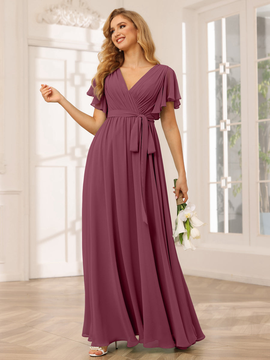 A-Line/Princess V-Neck Short Sleeves Long Bridesmaid Dresses with Sash Mulberry