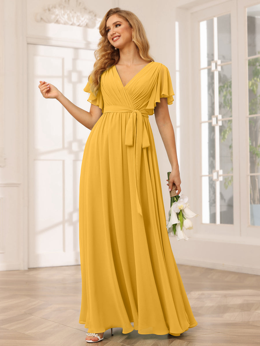 A-Line/Princess V-Neck Short Sleeves Long Bridesmaid Dresses with Sash Mustard Yellow