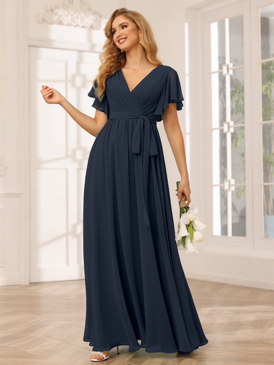 A-Line/Princess V-Neck Short Sleeves Long Bridesmaid Dresses with Sash Navy Blue