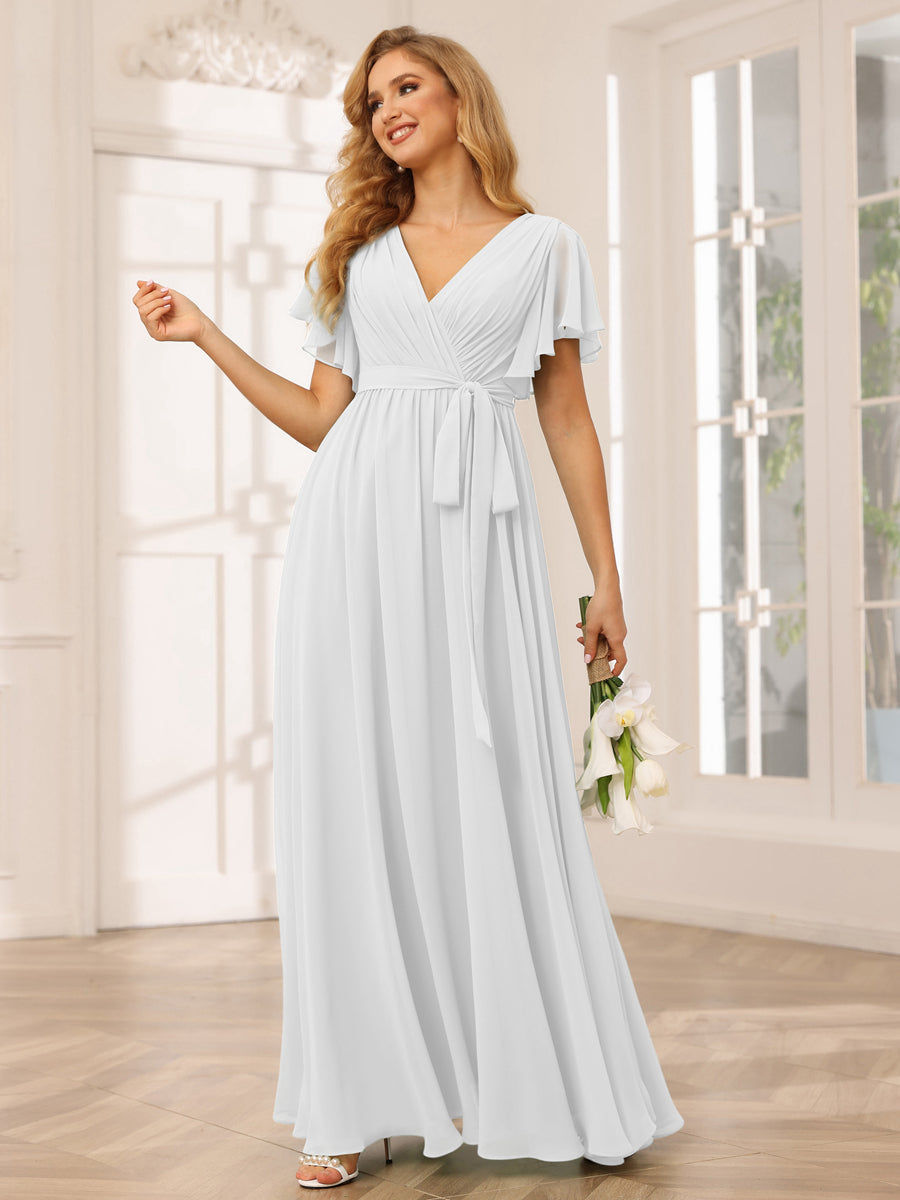 A-Line/Princess V-Neck Short Sleeves Long Bridesmaid Dresses with Sash Off White