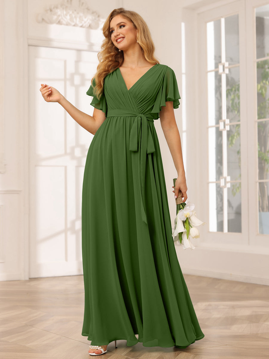 A-Line/Princess V-Neck Short Sleeves Long Bridesmaid Dresses with Sash Olive Green