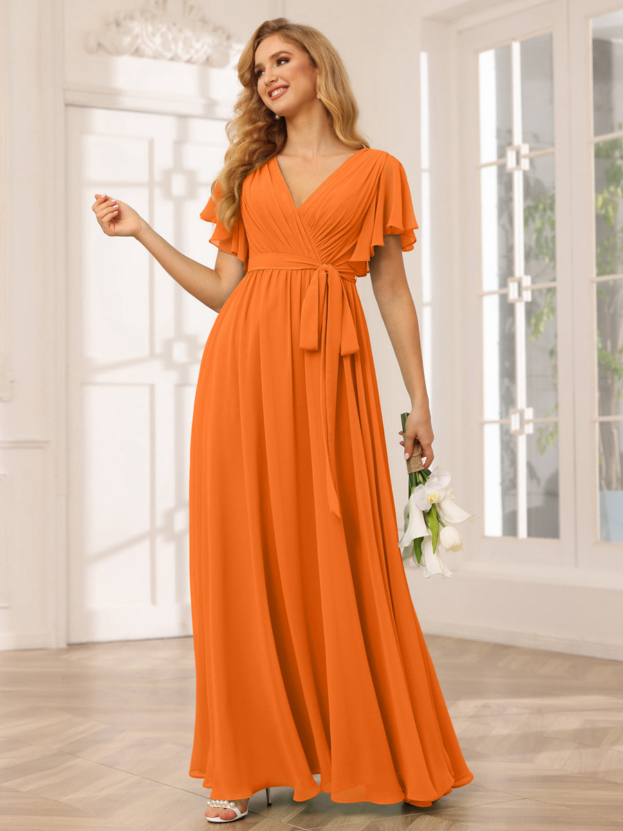 A-Line/Princess V-Neck Short Sleeves Long Bridesmaid Dresses with Sash Orange