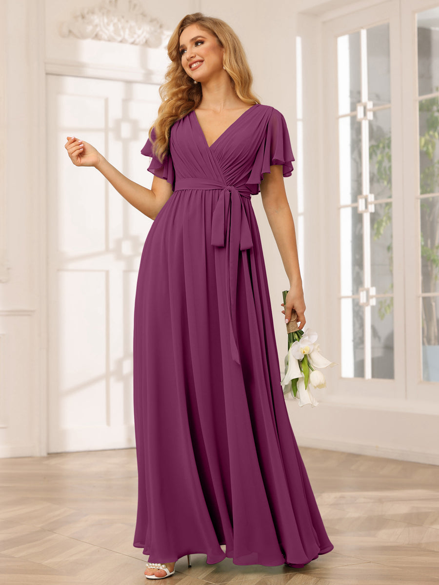 A-Line/Princess V-Neck Short Sleeves Long Bridesmaid Dresses with Sash Orchid