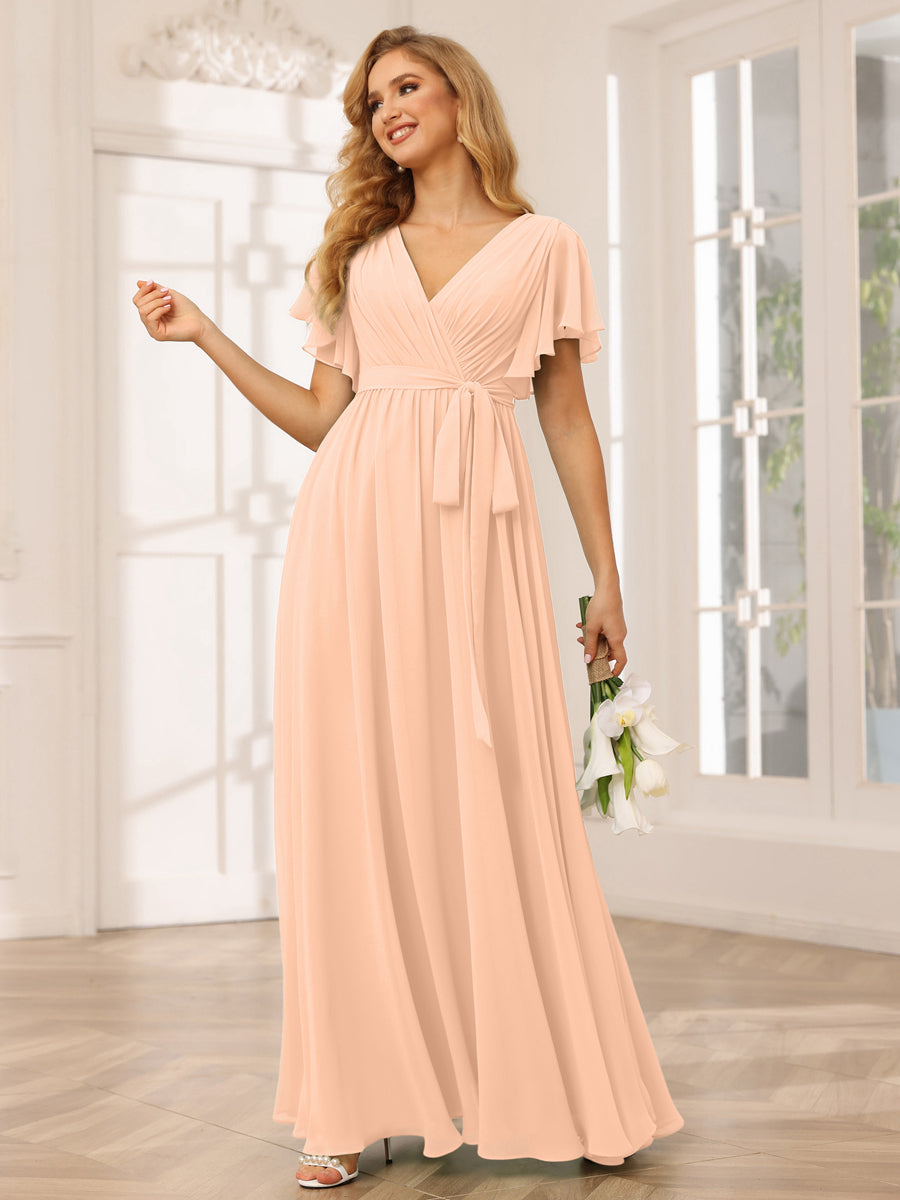 A-Line/Princess V-Neck Short Sleeves Long Bridesmaid Dresses with Sash Peach Pink
