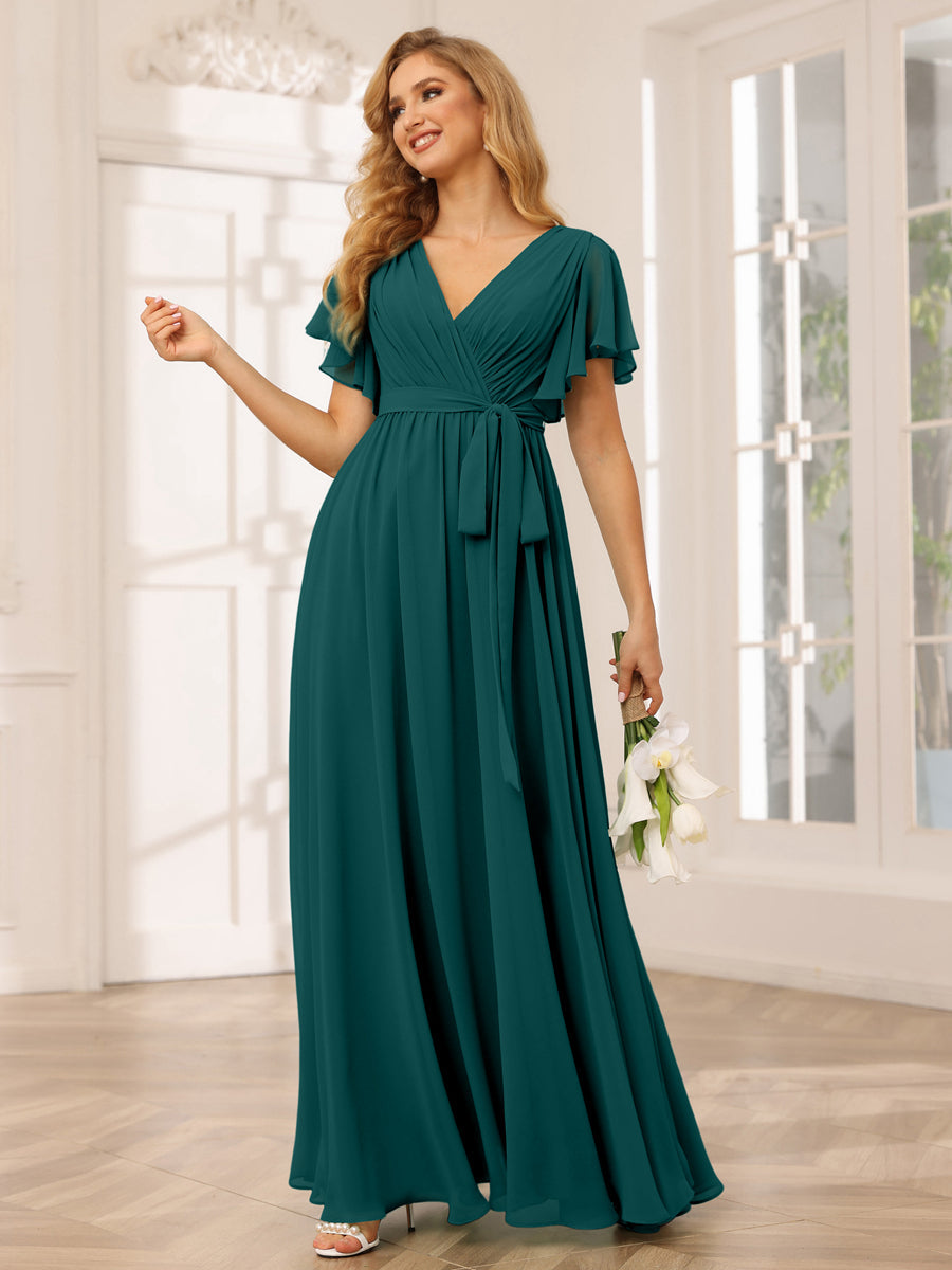 A-Line/Princess V-Neck Short Sleeves Long Bridesmaid Dresses with Sash Peacock