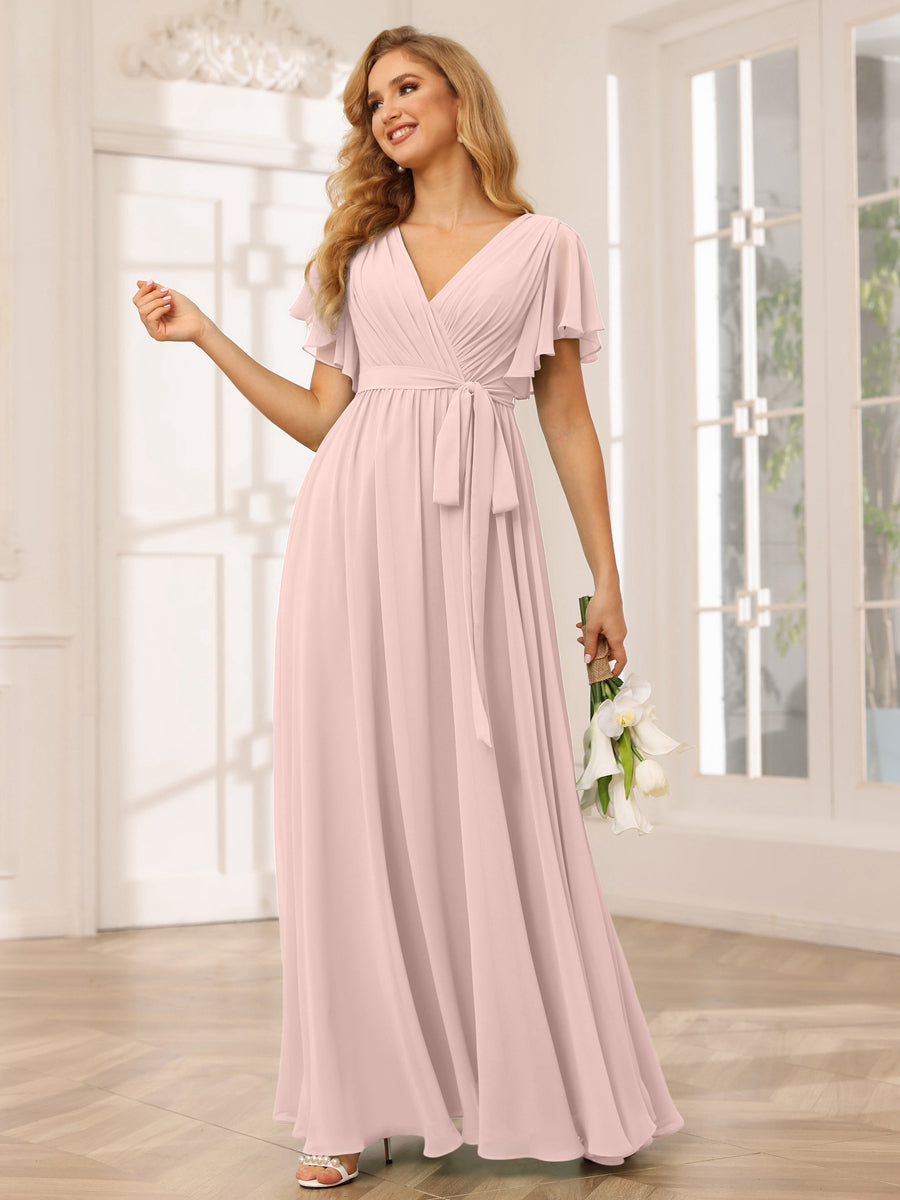 A-Line/Princess V-Neck Short Sleeves Long Bridesmaid Dresses with Sash Pearl Pink