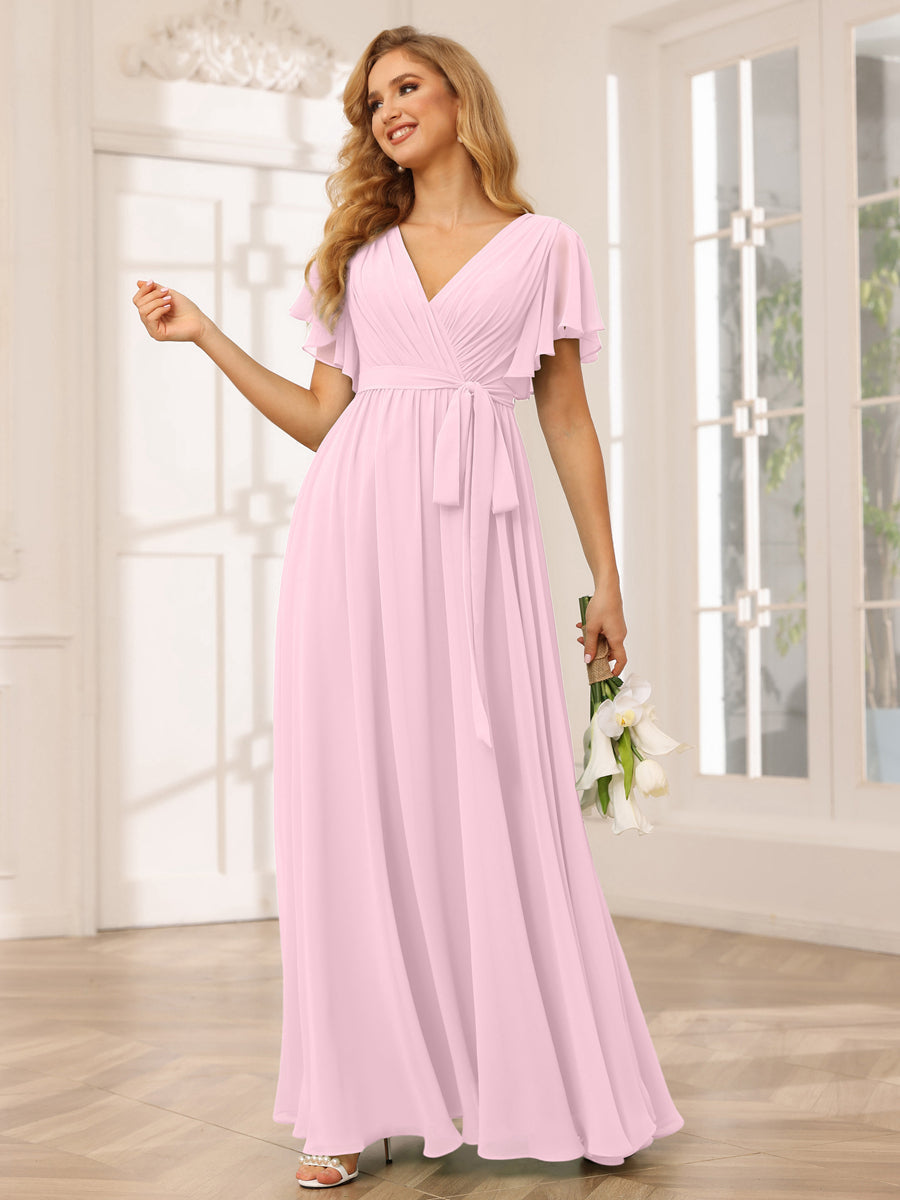 A-Line/Princess V-Neck Short Sleeves Long Bridesmaid Dresses with Sash Pink