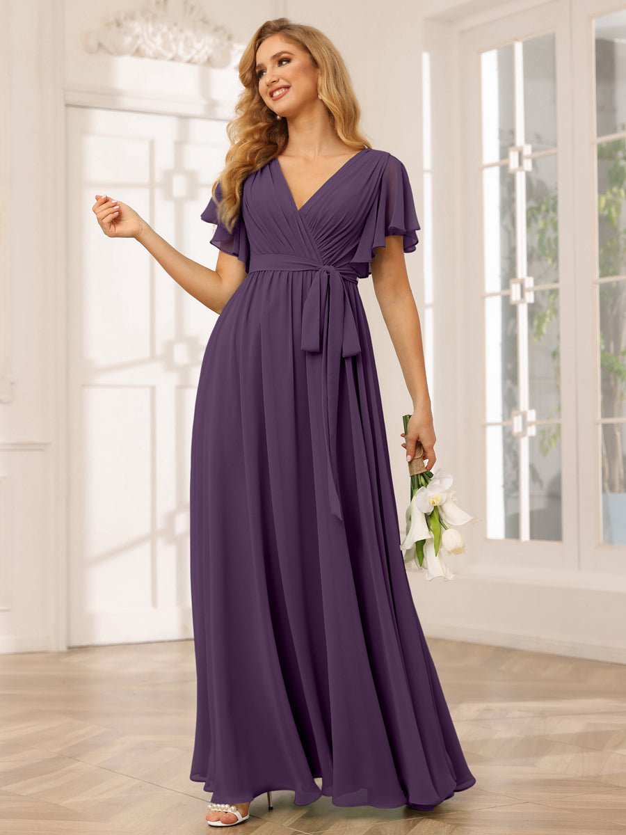 A-Line/Princess V-Neck Short Sleeves Long Bridesmaid Dresses with Sash Plum