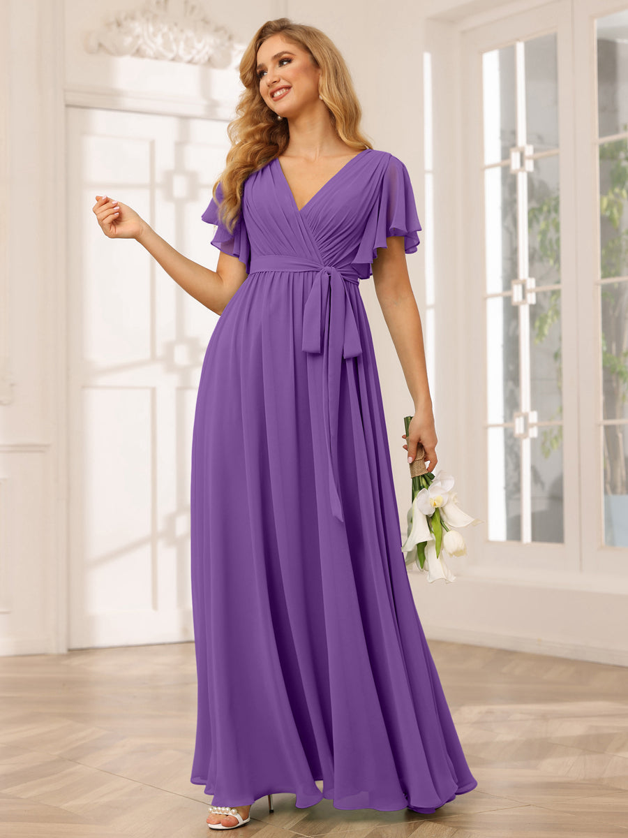 A-Line/Princess V-Neck Short Sleeves Long Bridesmaid Dresses with Sash Purple