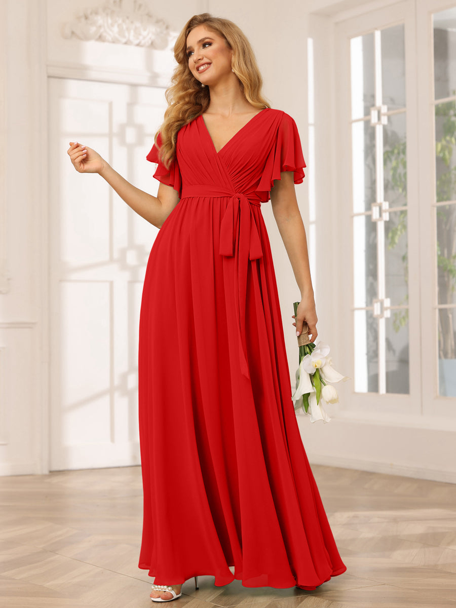 A-Line/Princess V-Neck Short Sleeves Long Bridesmaid Dresses with Sash Red