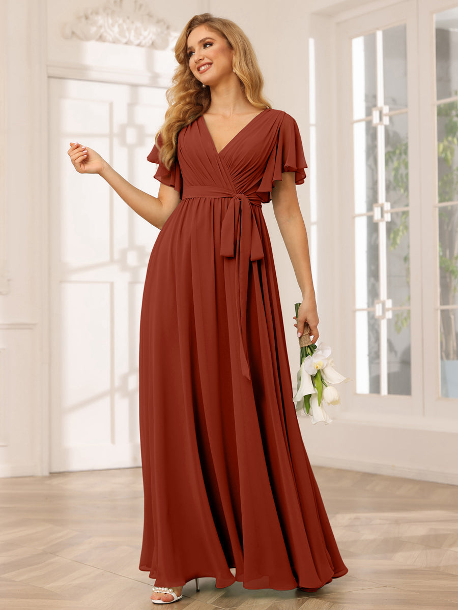 A-Line/Princess V-Neck Short Sleeves Long Bridesmaid Dresses with Sash Rust