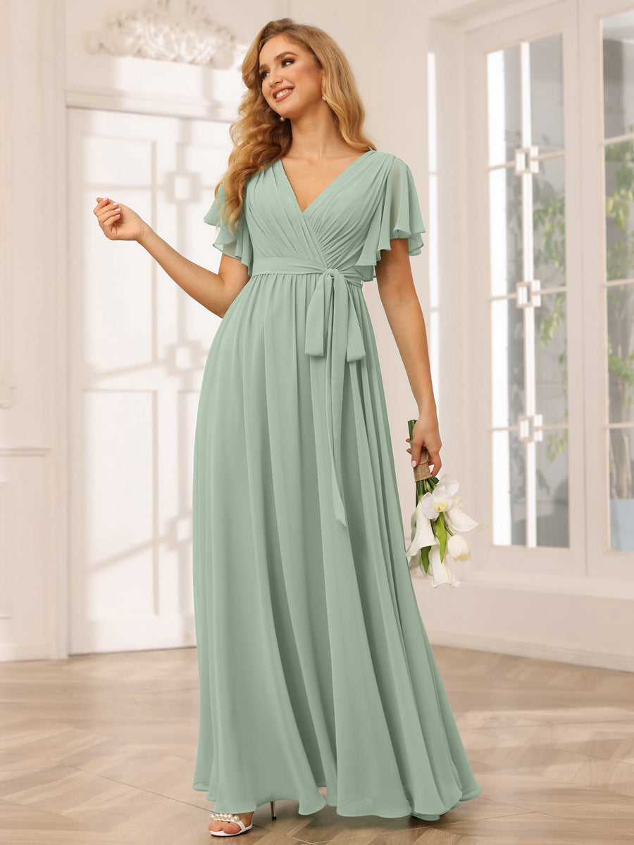 A-Line/Princess V-Neck Short Sleeves Long Bridesmaid Dresses with Sash Sage