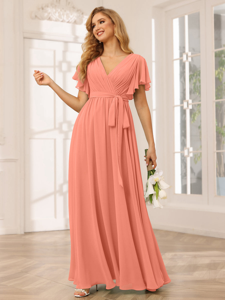 A-Line/Princess V-Neck Short Sleeves Long Bridesmaid Dresses with Sash Salmon