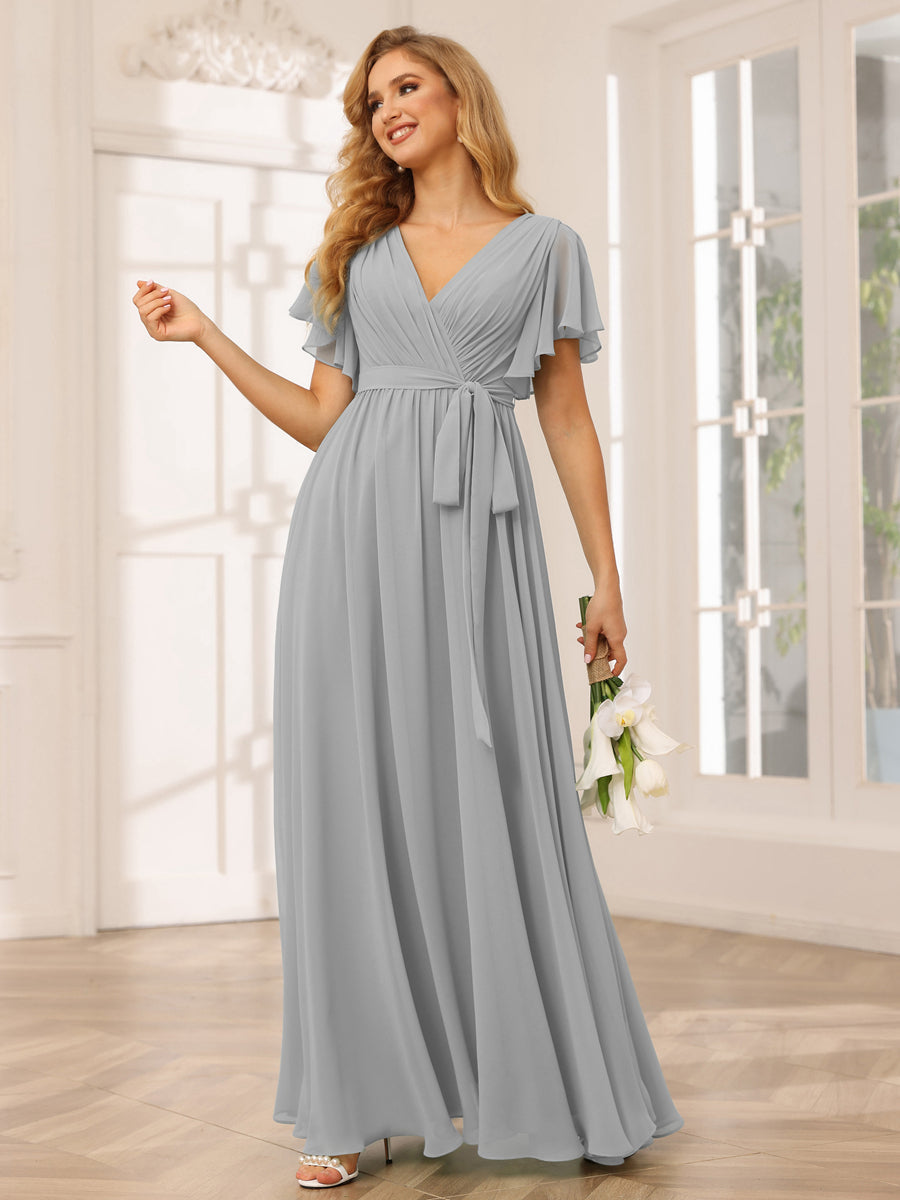 A-Line/Princess V-Neck Short Sleeves Long Bridesmaid Dresses with Sash Silver