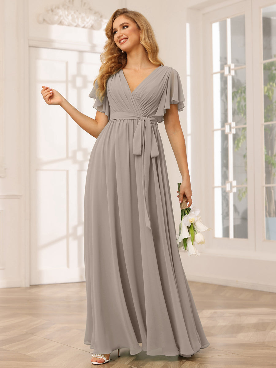 A-Line/Princess V-Neck Short Sleeves Long Bridesmaid Dresses with Sash Taupe