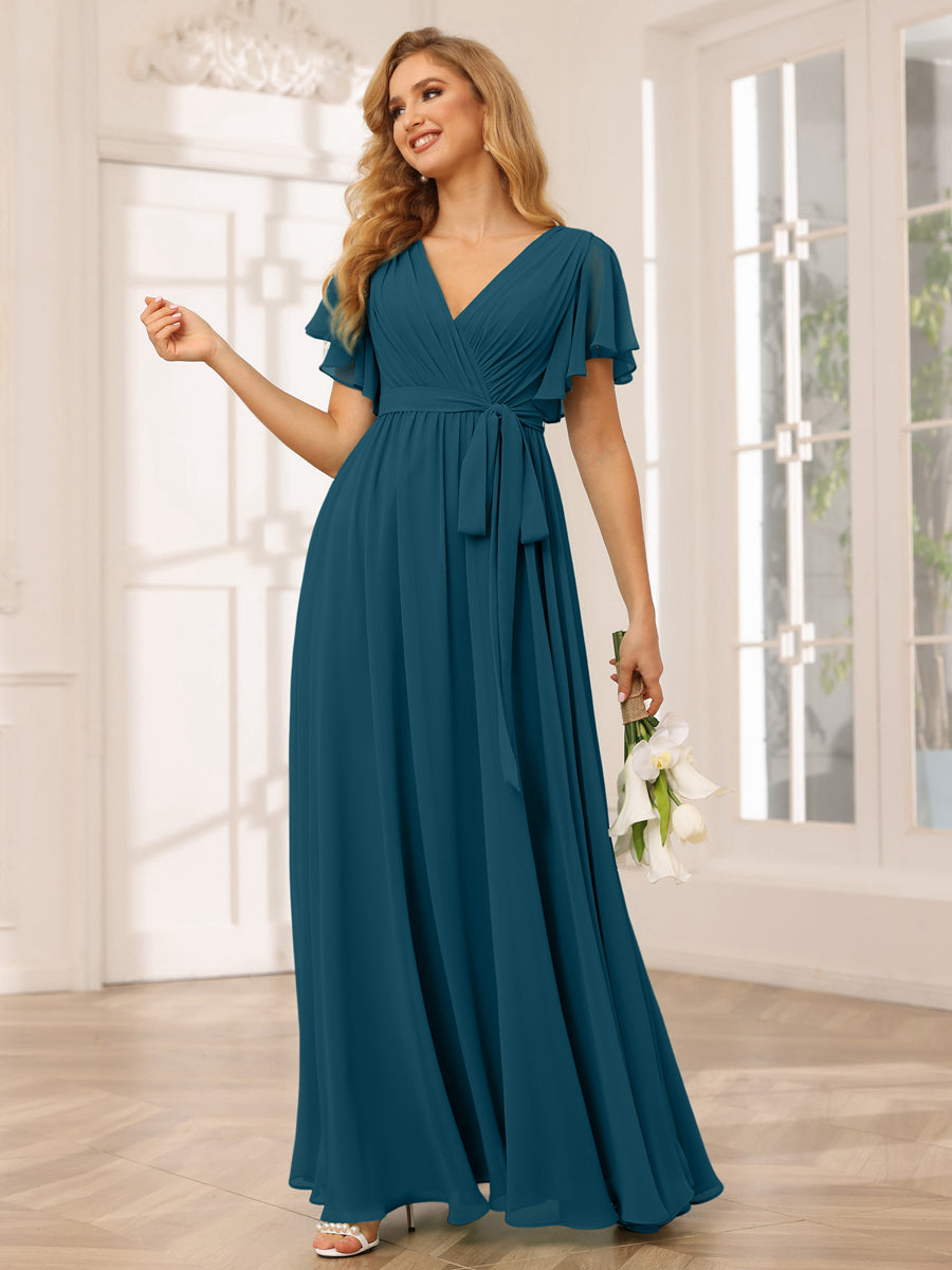 A-Line/Princess V-Neck Short Sleeves Long Bridesmaid Dresses with Sash Teal