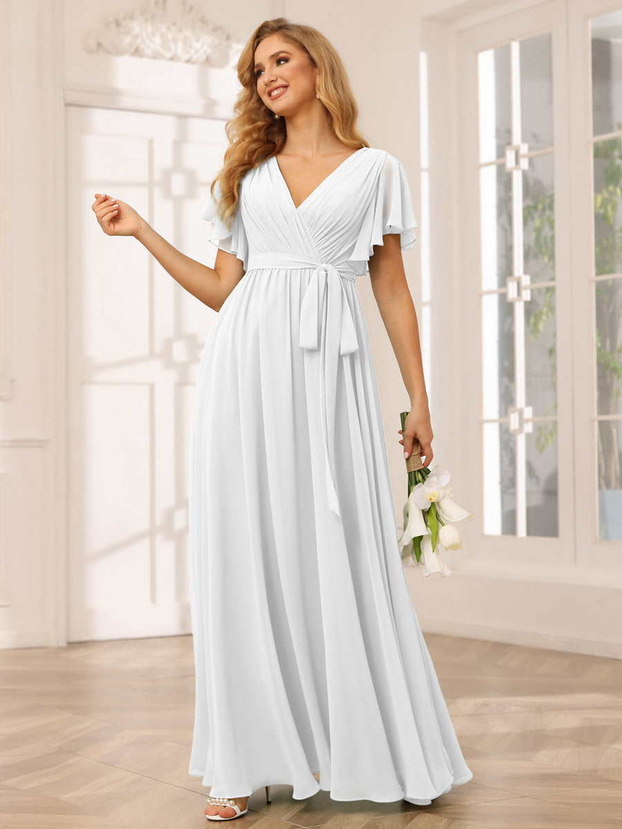 A-Line/Princess V-Neck Short Sleeves Long Bridesmaid Dresses with Sash White