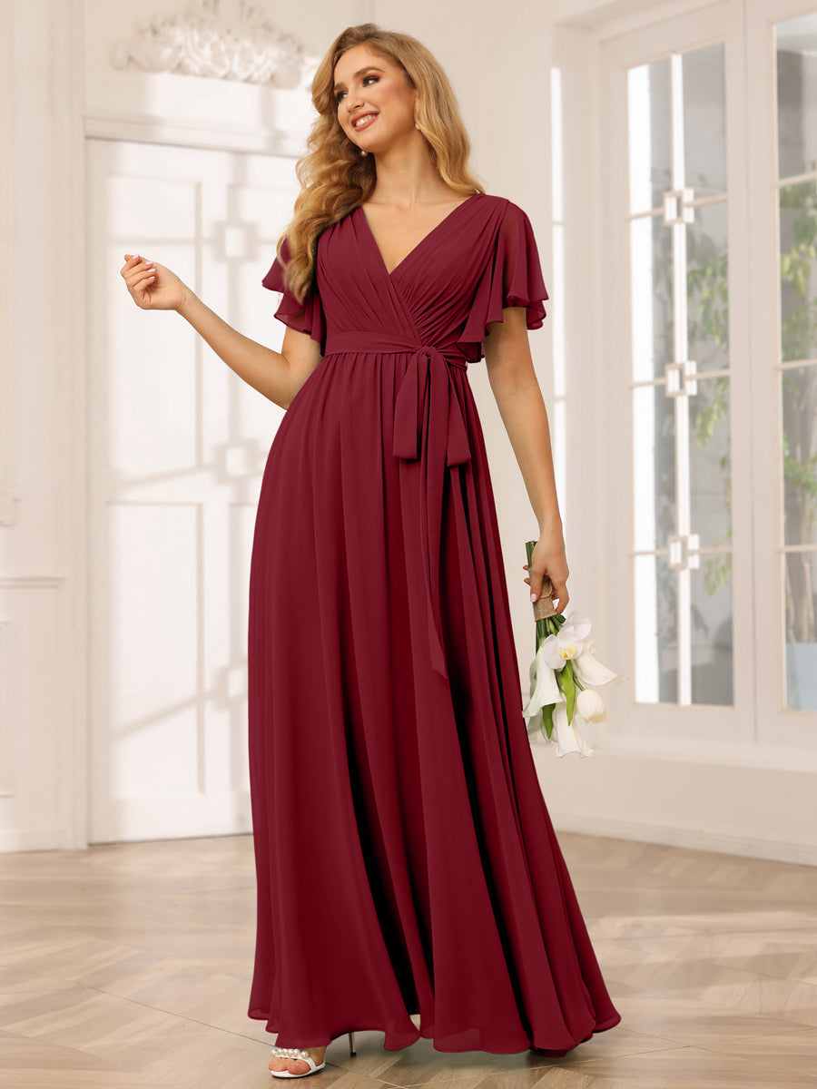 A-Line/Princess V-Neck Short Sleeves Long Bridesmaid Dresses with Sash Wine Red
