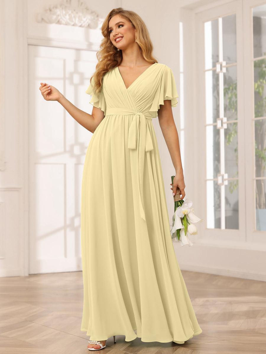 A-Line/Princess V-Neck Short Sleeves Long Bridesmaid Dresses with Sash Yellow
