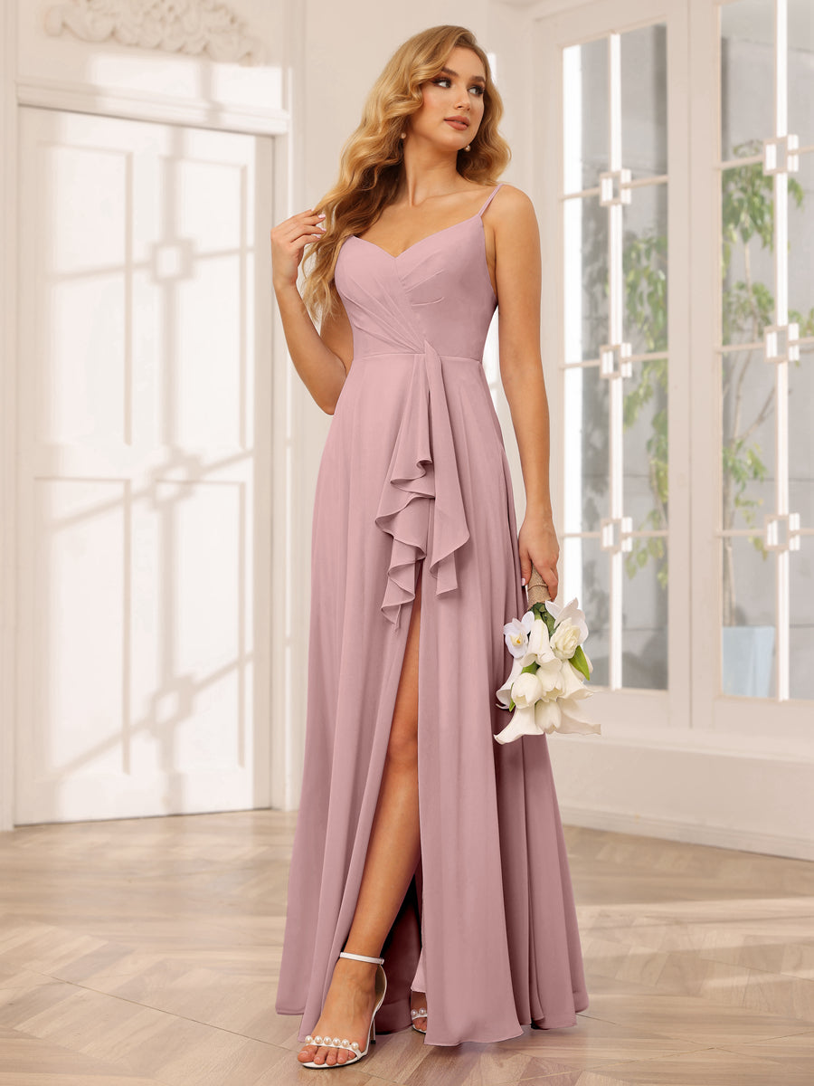 A-Line/Princess Spaghetti Straps V-Neck Long Bridesmaid Dresses with Split Side Dusty Pink