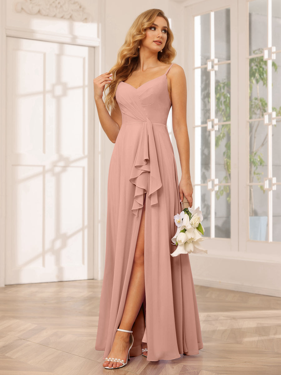 A-Line/Princess Spaghetti Straps V-Neck Long Bridesmaid Dresses with Split Side Dusty Rose