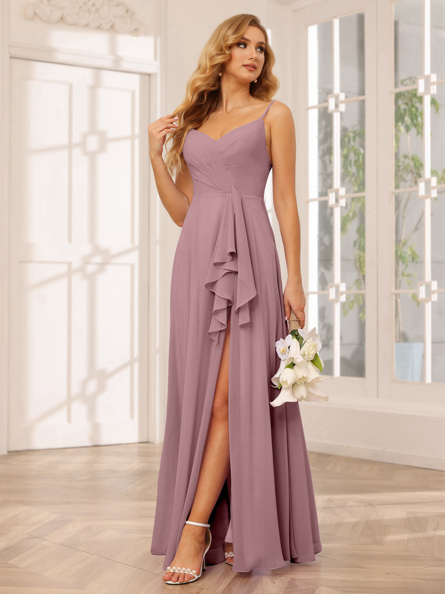 A-Line/Princess Spaghetti Straps V-Neck Long Bridesmaid Dresses with Split Side Mauve