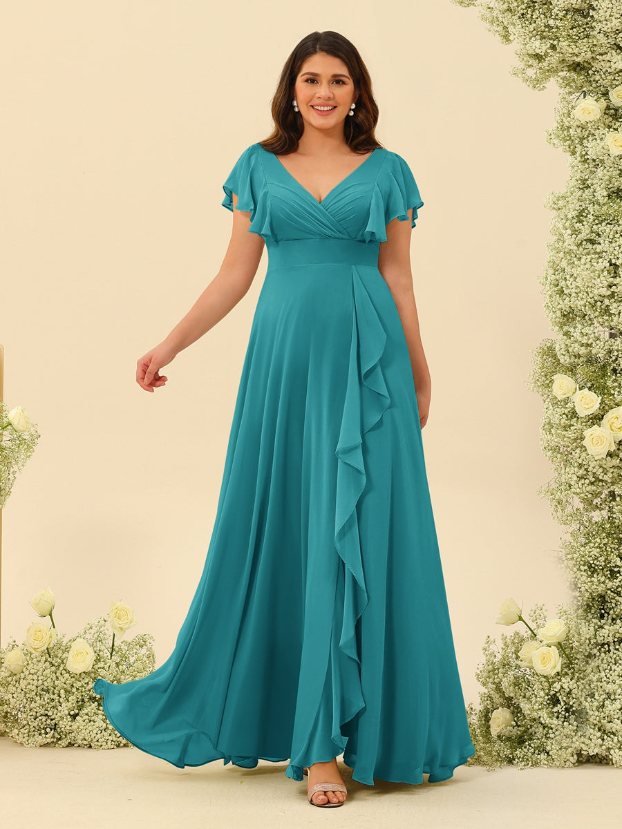 A-Line/Princess V-Neck Plus Size Bridesmaid Dresses with Ruffles Aqua Blue