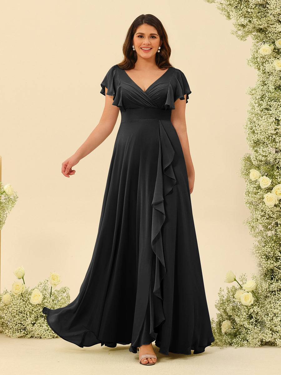 A-Line/Princess V-Neck Plus Size Bridesmaid Dresses with Ruffles Black