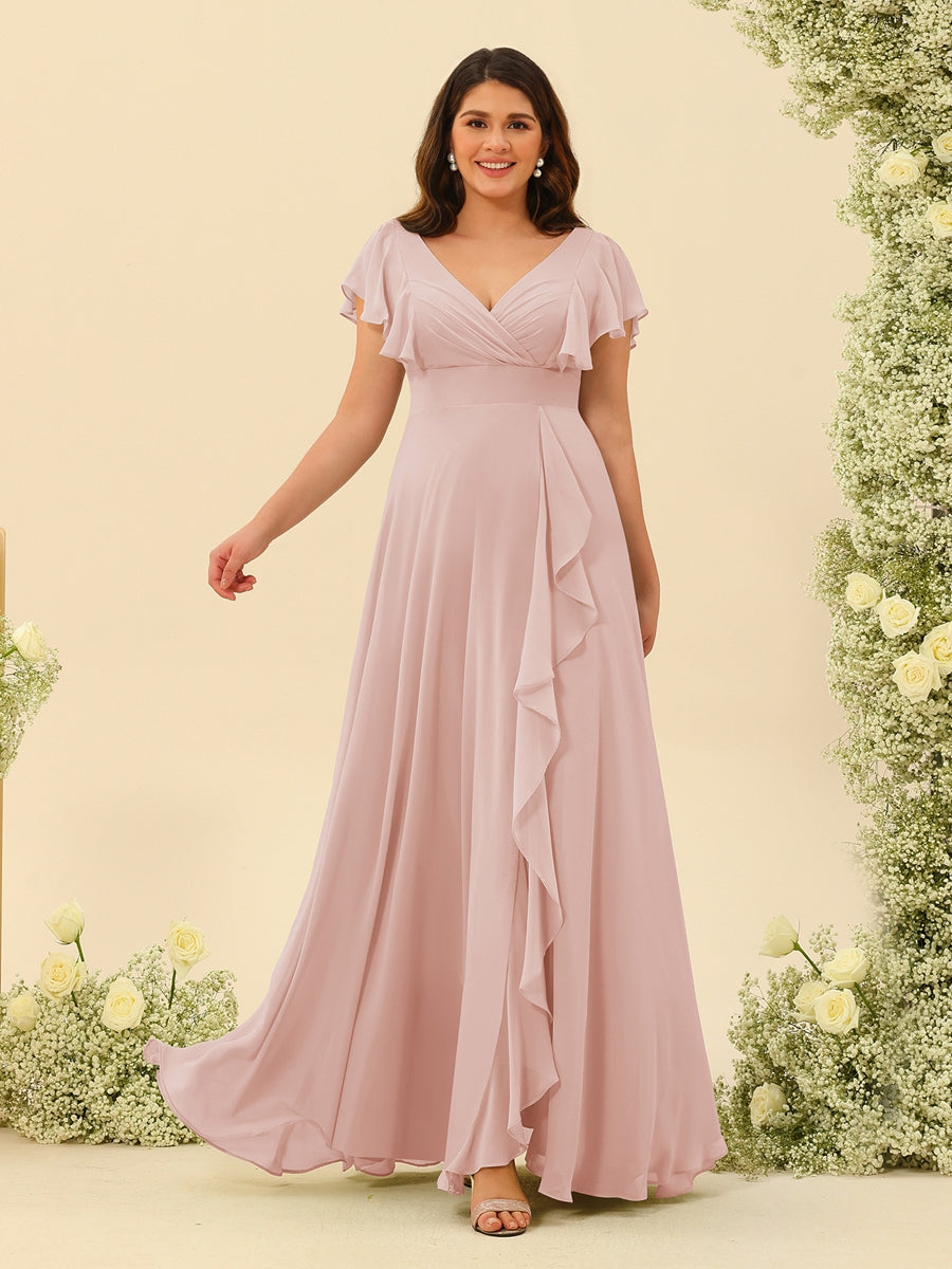 A-Line/Princess V-Neck Plus Size Bridesmaid Dresses with Ruffles Blush Pink