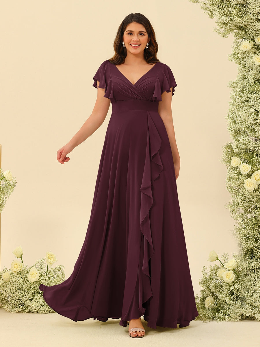 A-Line/Princess V-Neck Plus Size Bridesmaid Dresses with Ruffles Burgundy